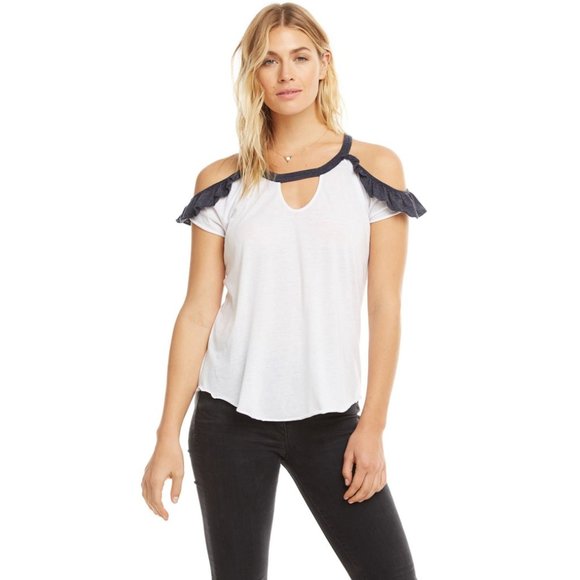 NEW Chaser Open Cold Shoulder Raglan Cutout Cutouts Ruffle Strappy Baseball Tee - Picture 5 of 8